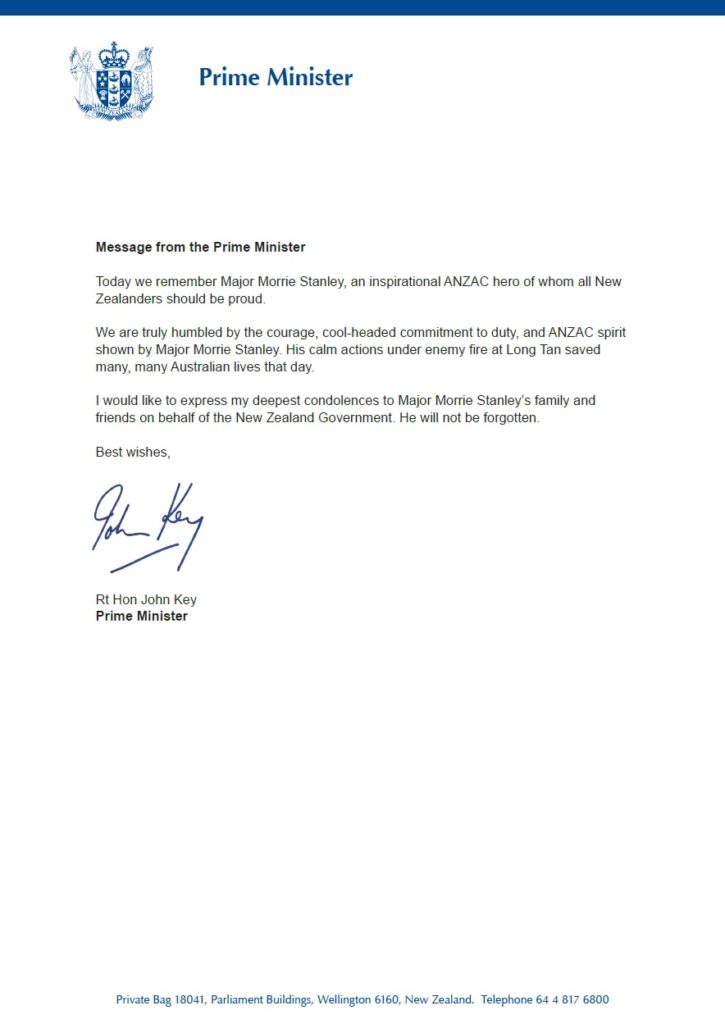 Morrie Stanley Death Message from NZ Prime Minister